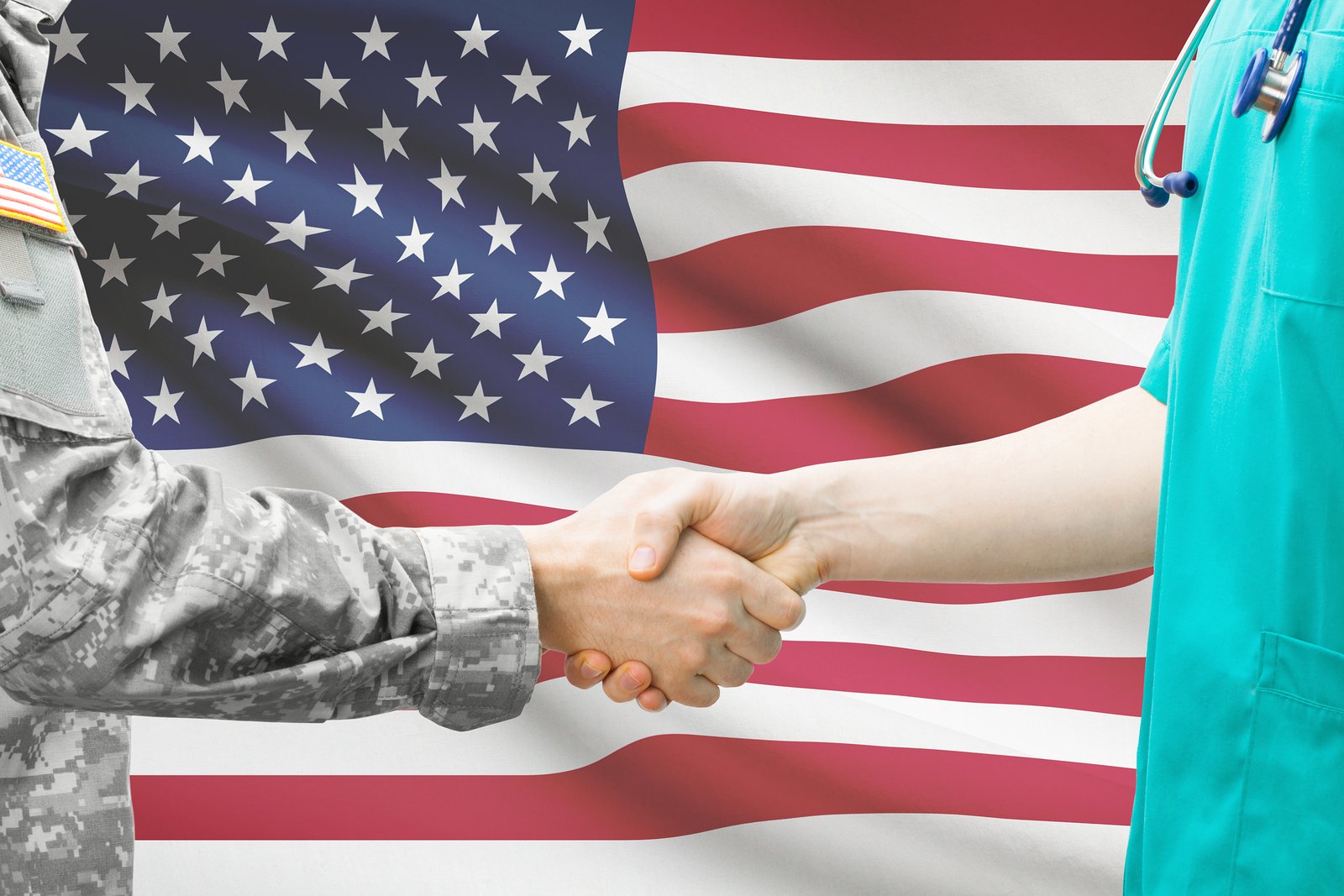 Soldier And Doctor Shaking Hands With Flag On Background - Unite
