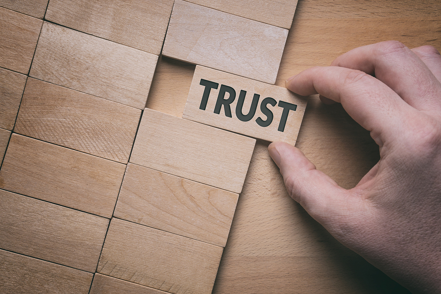 Trust Word Written On Wooden Block. Building Trust Business Conc