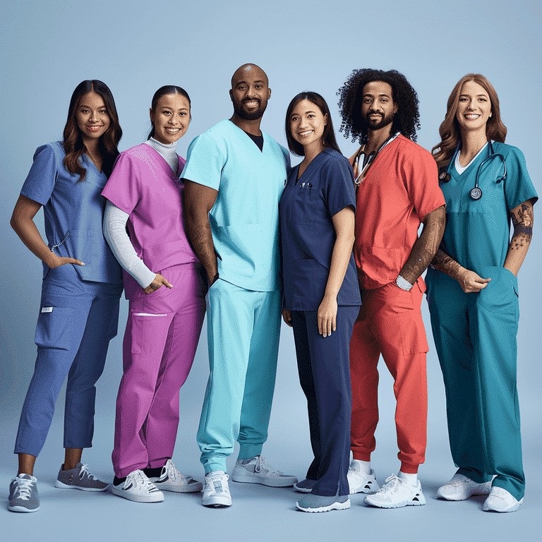 Healthcare professionals in various scrubs at hospital<br />
