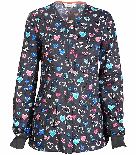 Code Happy Women's Snap Front Heart Print Scrub Jacket-CH300X14A