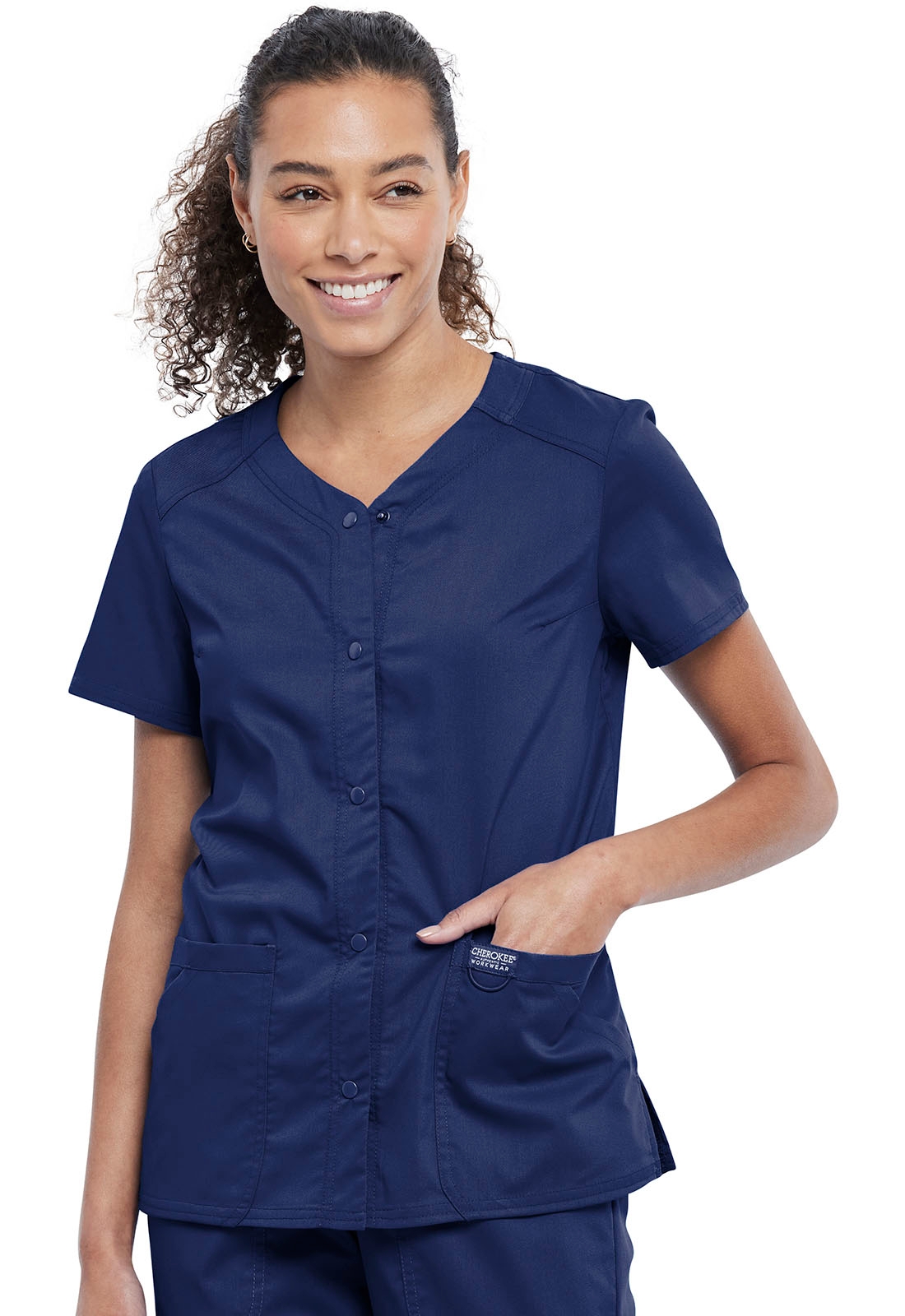 Cherokee® Workwear Revolution Women's Snap Front 3- Pocket Scrub Jacket -  Embroidered Personalization Available
